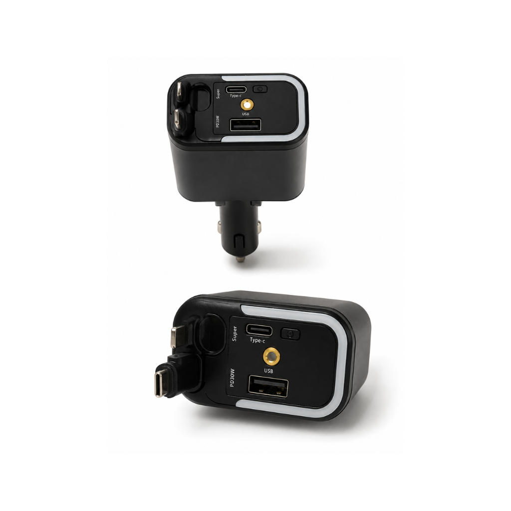 5-in-1 Retractable Fast Car Charger | USB + Type-C PD Car Charger with Starry Sky Ambient Light