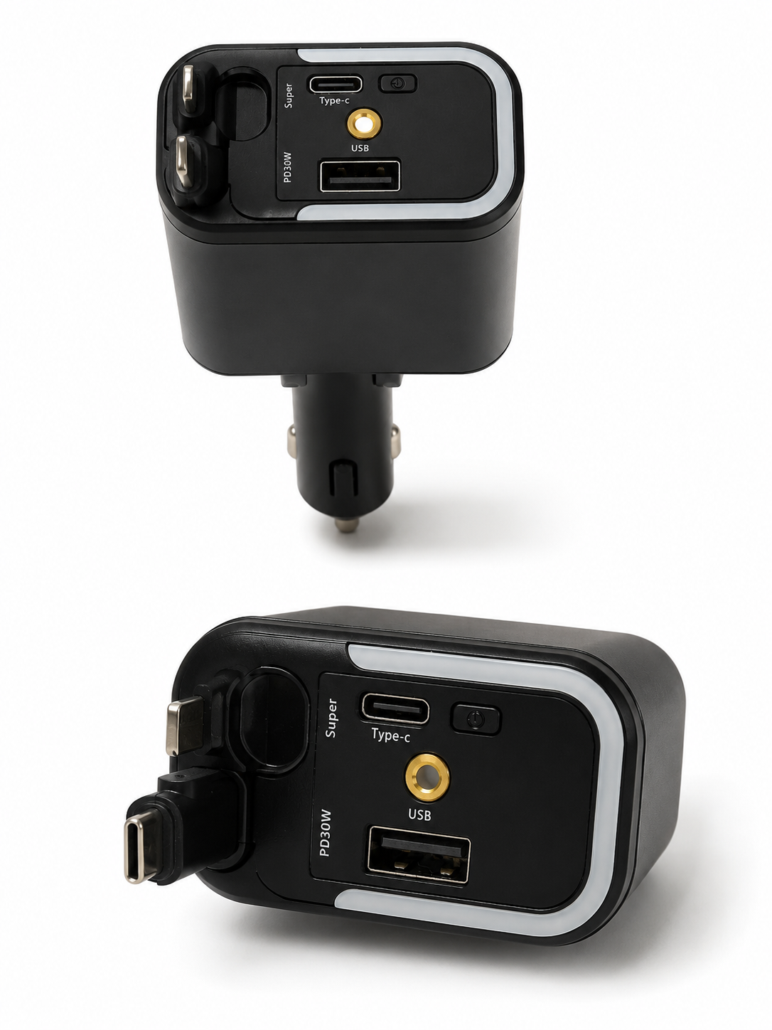 5-in-1 Retractable Fast Car Charger | USB + Type-C PD Car Charger with Starry Sky Ambient Light