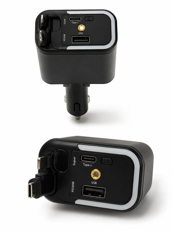 5-in-1 Retractable Fast Car Charger | USB + Type-C PD Car Charger with Starry Sky Ambient Light